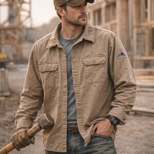 Bulwark Fire Resistant Button Up Work Shirt Men's Size L Tan Beige